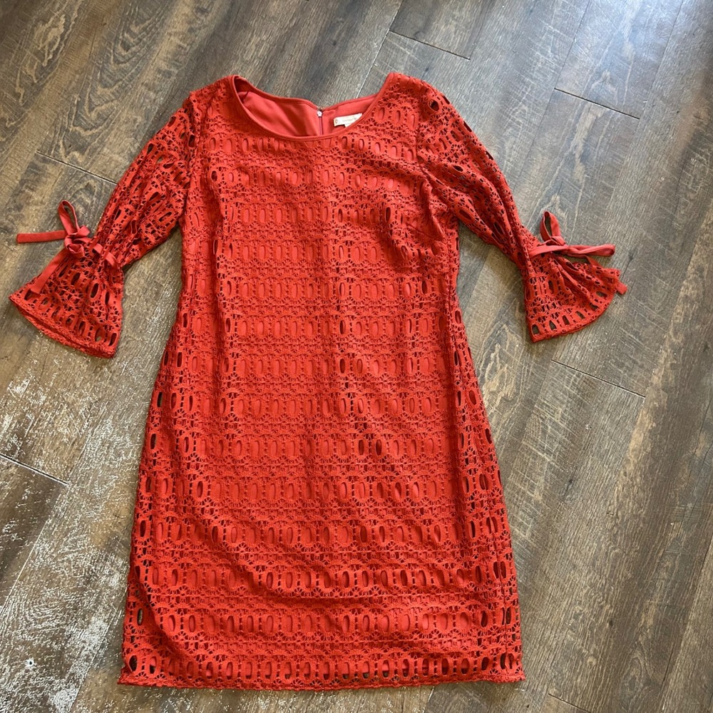 db established 1962 Orange Eyelet Lace‎ Bell Sleeve Shift Dress Size 14 Rust